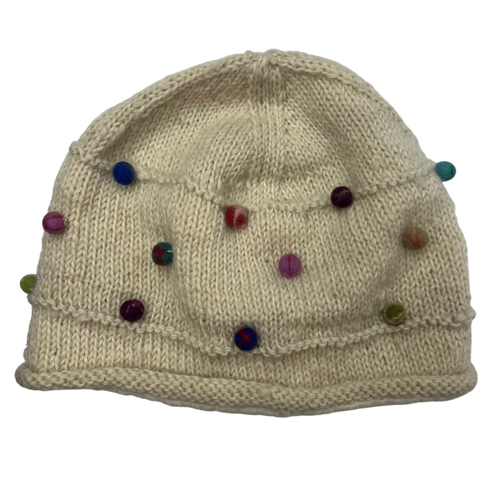 Windhorse Wool Beanie‎ Nepal Fleece Lined Cream Multicolor Pom Pom Knit Hat